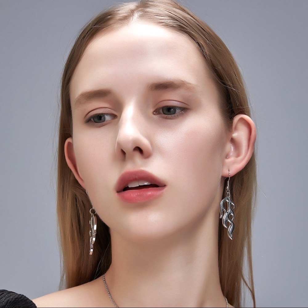 Shiny Silver Flame Dangle Earrings